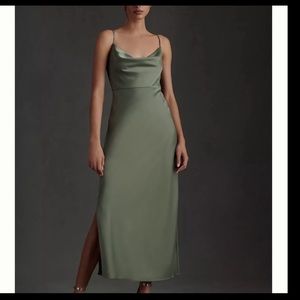 BHLDN Cali Satin Cowl-Neck Midi Slip Dress, Size 6, color Moss